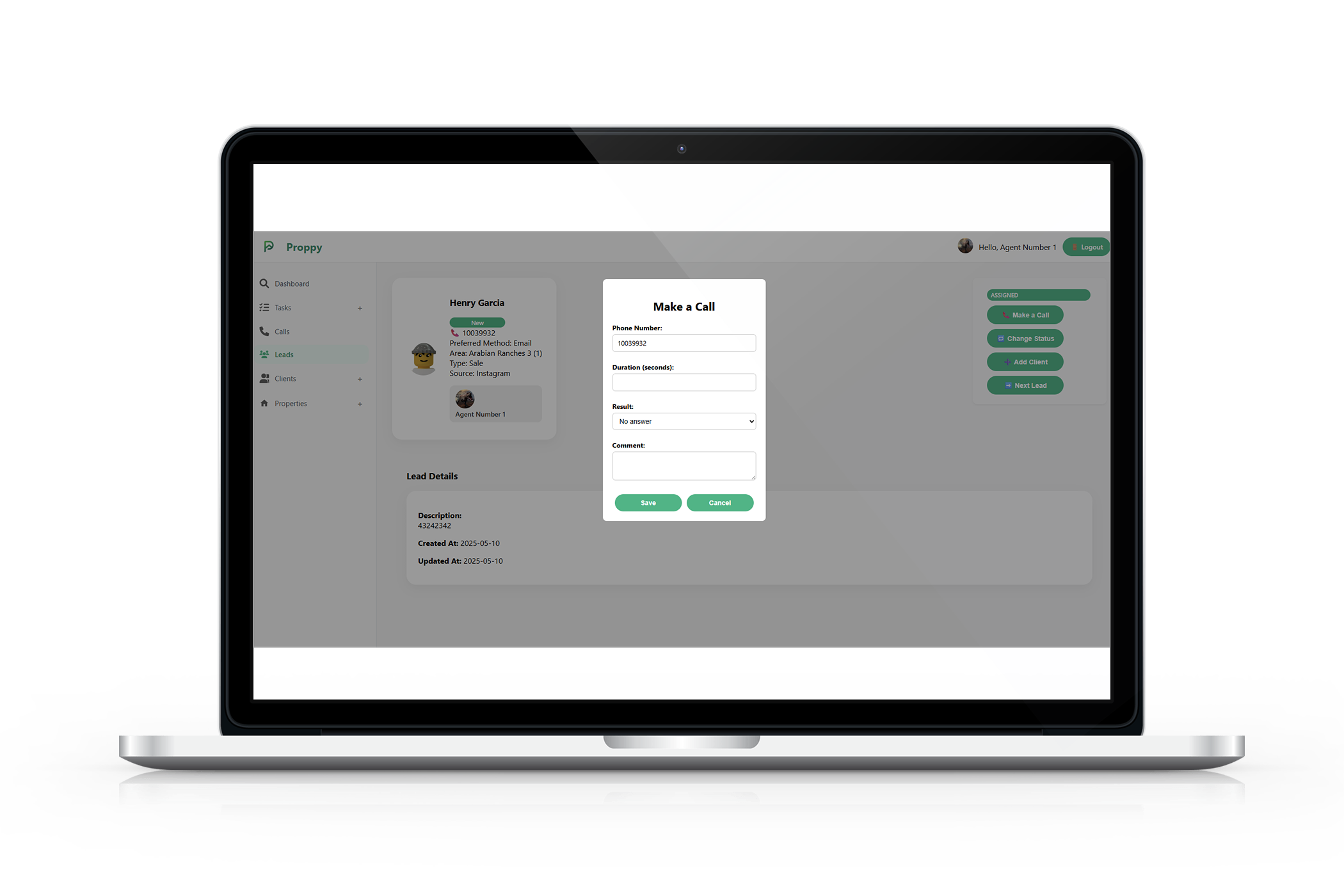 Lead card with call popup